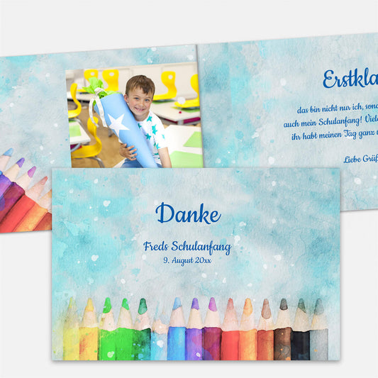 Dankeskarte zum Schulanfang mit bunten Stiften in Aquarell #Klappkarte