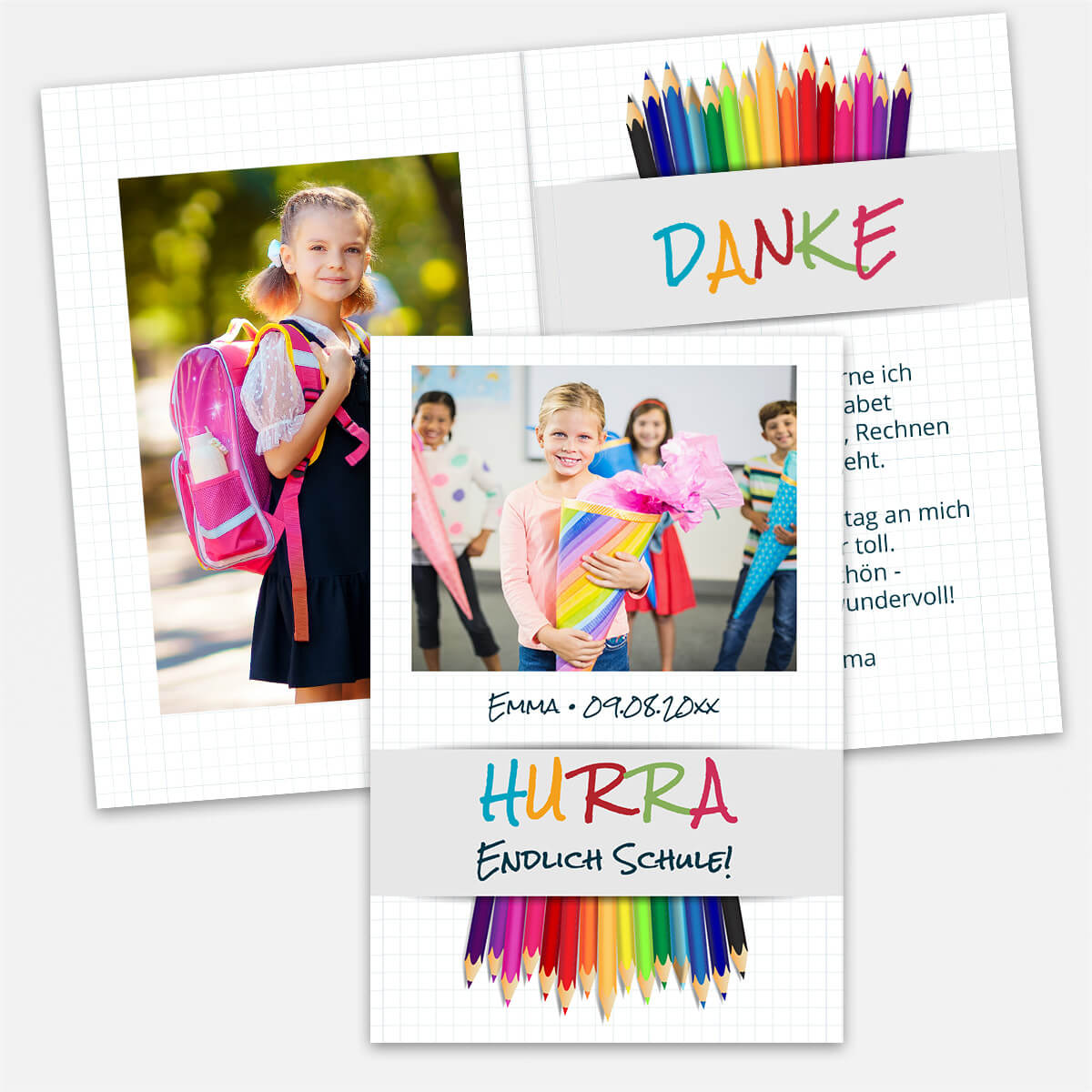 Farbenfrohe Karte „Startklar“ zum Schulanfang mit eigenen Fotos, Name, Datum und Wunschtext. Persönlich gestaltet und perfekt zur Einschulung. #Klappkarte