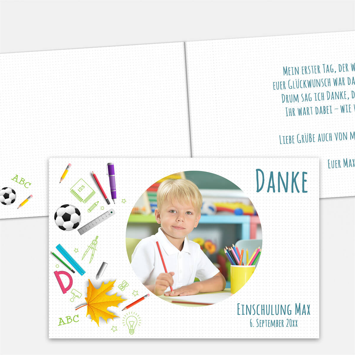 Personalisierte Dankeskarte „Stifte, Spaß & Schulanfang“ mit Foto, Name und Datum. Fröhliches Design für ein liebevolles Dankeschön zur Einschulung. #Klappkarte