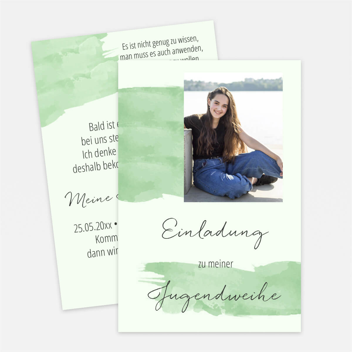 Einladungskarte zur Jugendweihe im Aquarell-Design mit eigenem Foto und Text #Postkarte #Pastellgrün