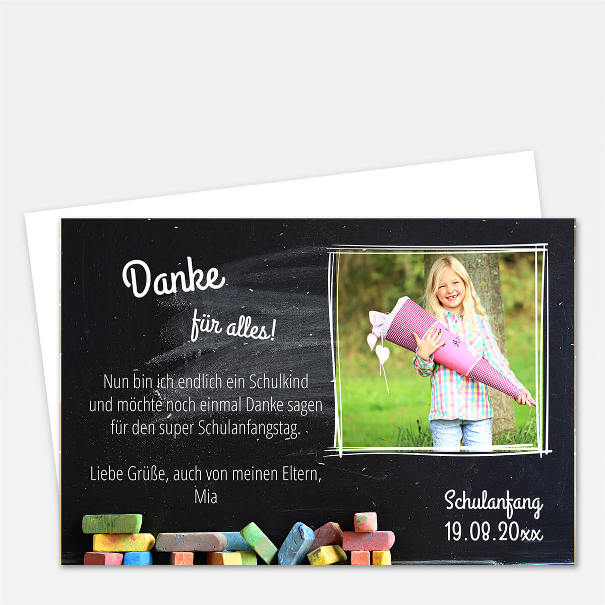 Dankeskarte Einschulung mit bunter Kreide eigenem Foto und Text #Fotokarte