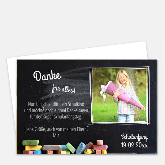 Dankeskarte Einschulung mit bunter Kreide eigenem Foto und Text #Fotokarte