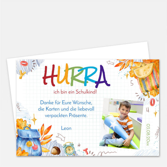 Dankeskarte Einschulung mit eigenem Text und Foto mit Aquarell Schulmotiv #Fotokarte