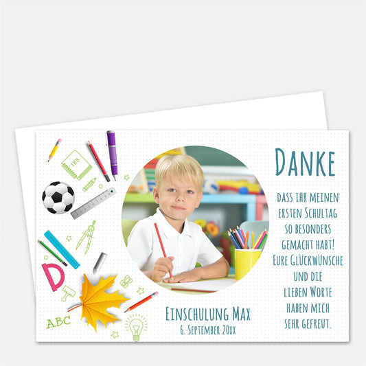 Personalisierte Dankeskarte „Stifte, Spaß & Schulanfang“ mit Foto, Name und Datum. Fröhliches Design für ein liebevolles Dankeschön zur Einschulung. #Fotokarte