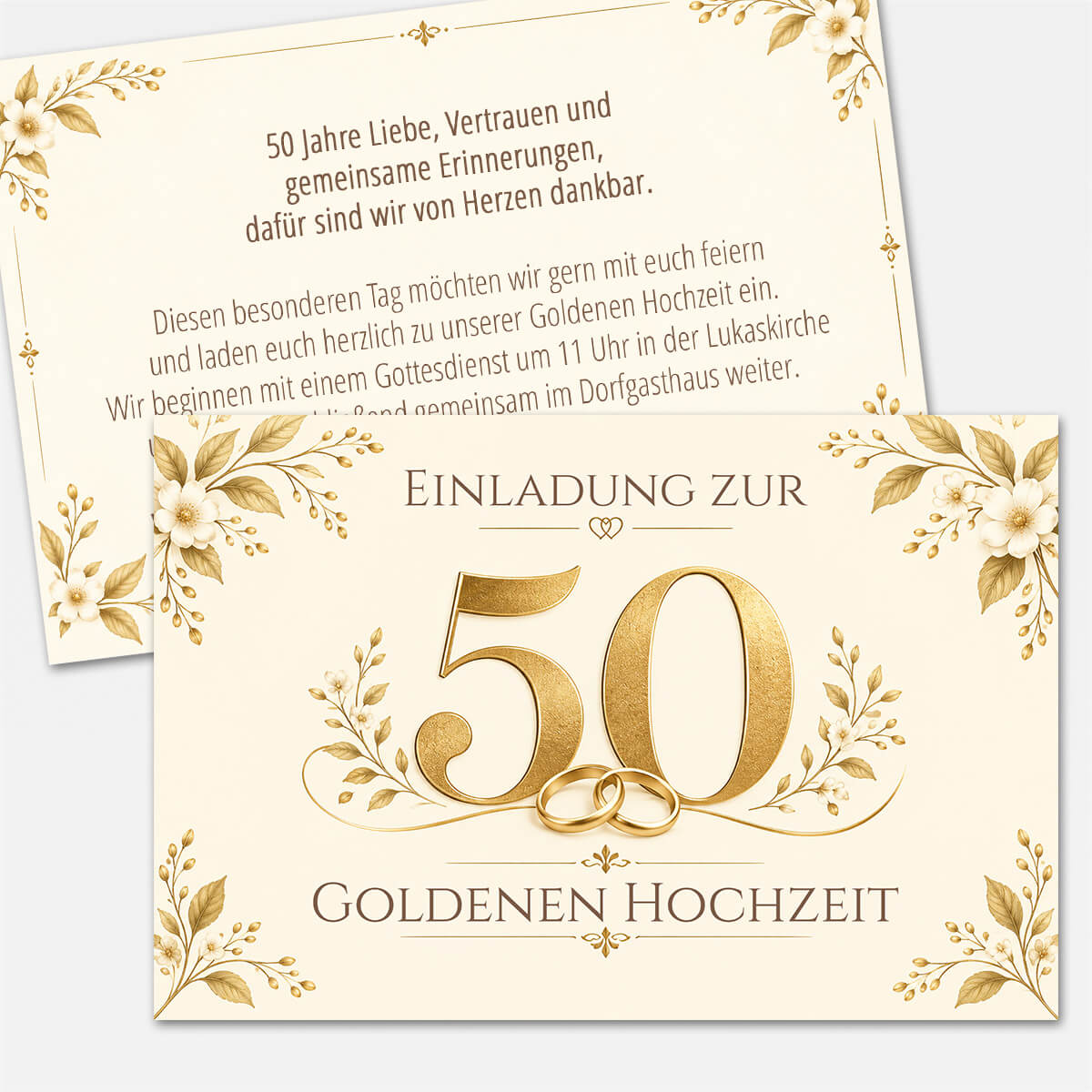 Goldene Einladung zur Goldenen Hochzeit mit großer 50, Eheringen und Blüten #Postkarte