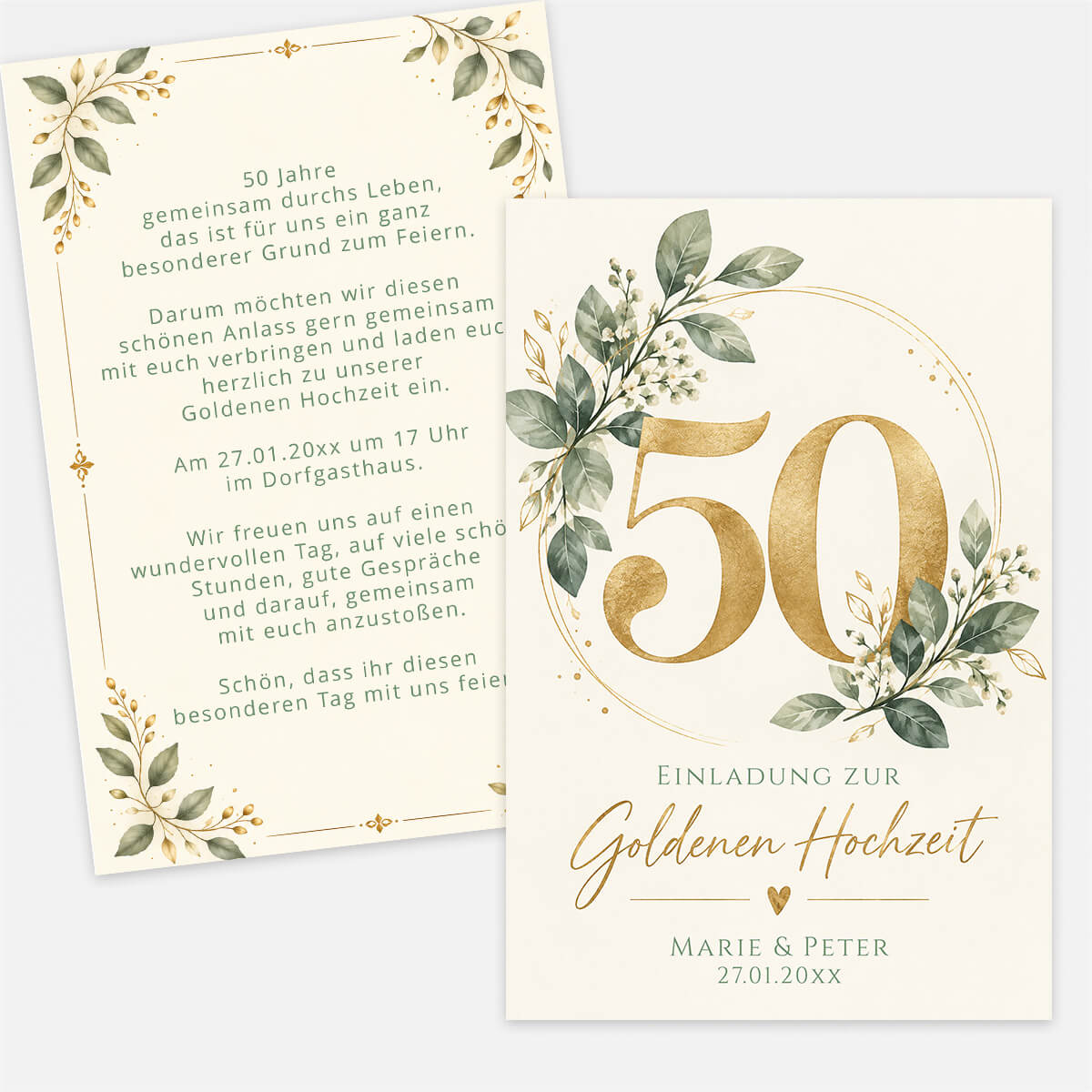 Einladung zur Goldenen Hochzeit Greenery 50 mit goldener 50 und grünen Blättern #Postkarte