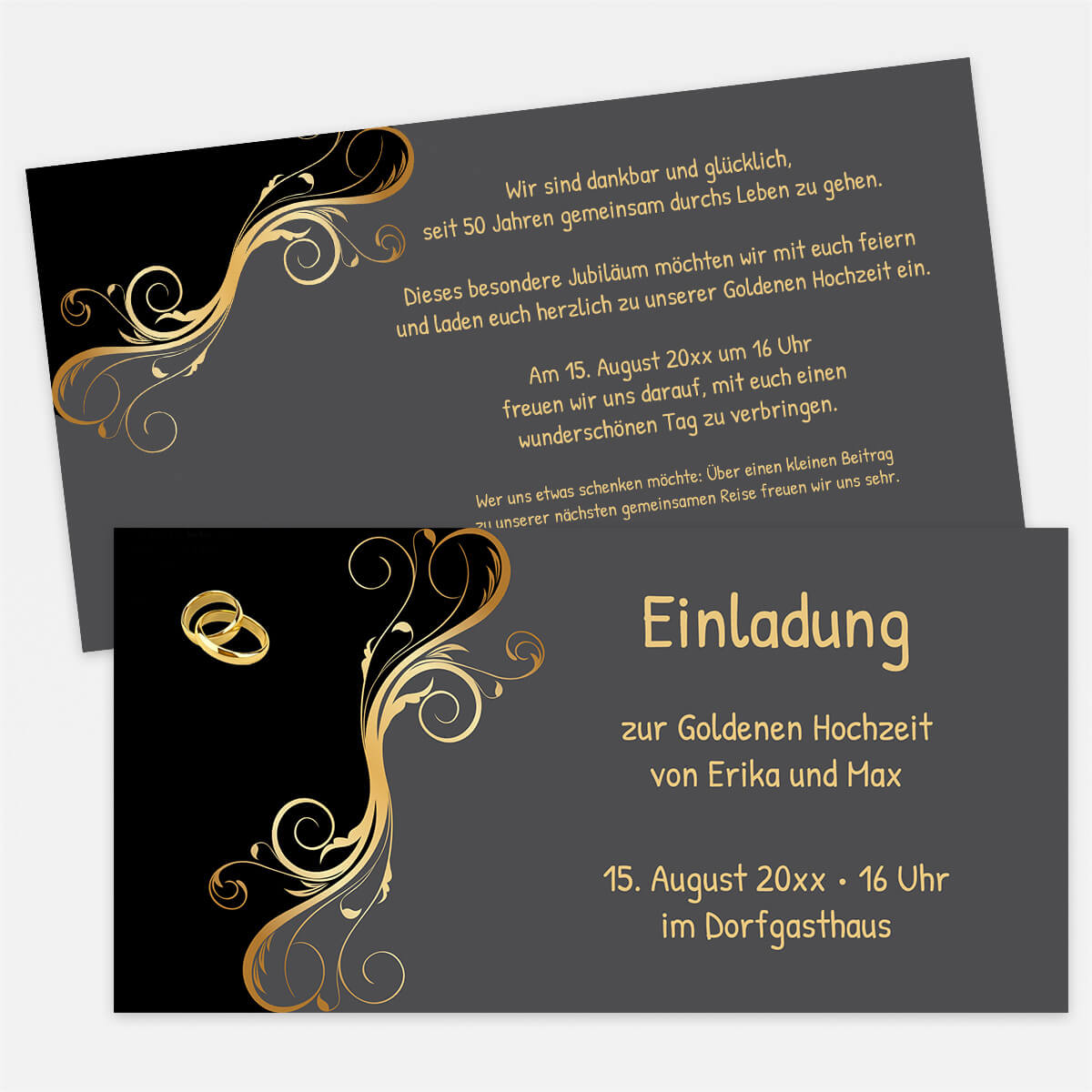 Einladung zur Goldenen Hochzeit in Schwarz und Gold mit goldfarbenen Ornamenten #Postkarte