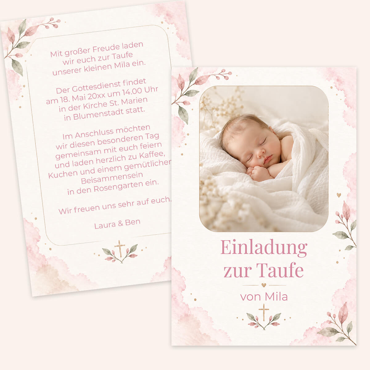 Taufeinladung mit Babyfoto, rosa Aquarellrand, Eukalyptus-Zweigen und kleinem Kreuz #Postkarte #Altrosa
