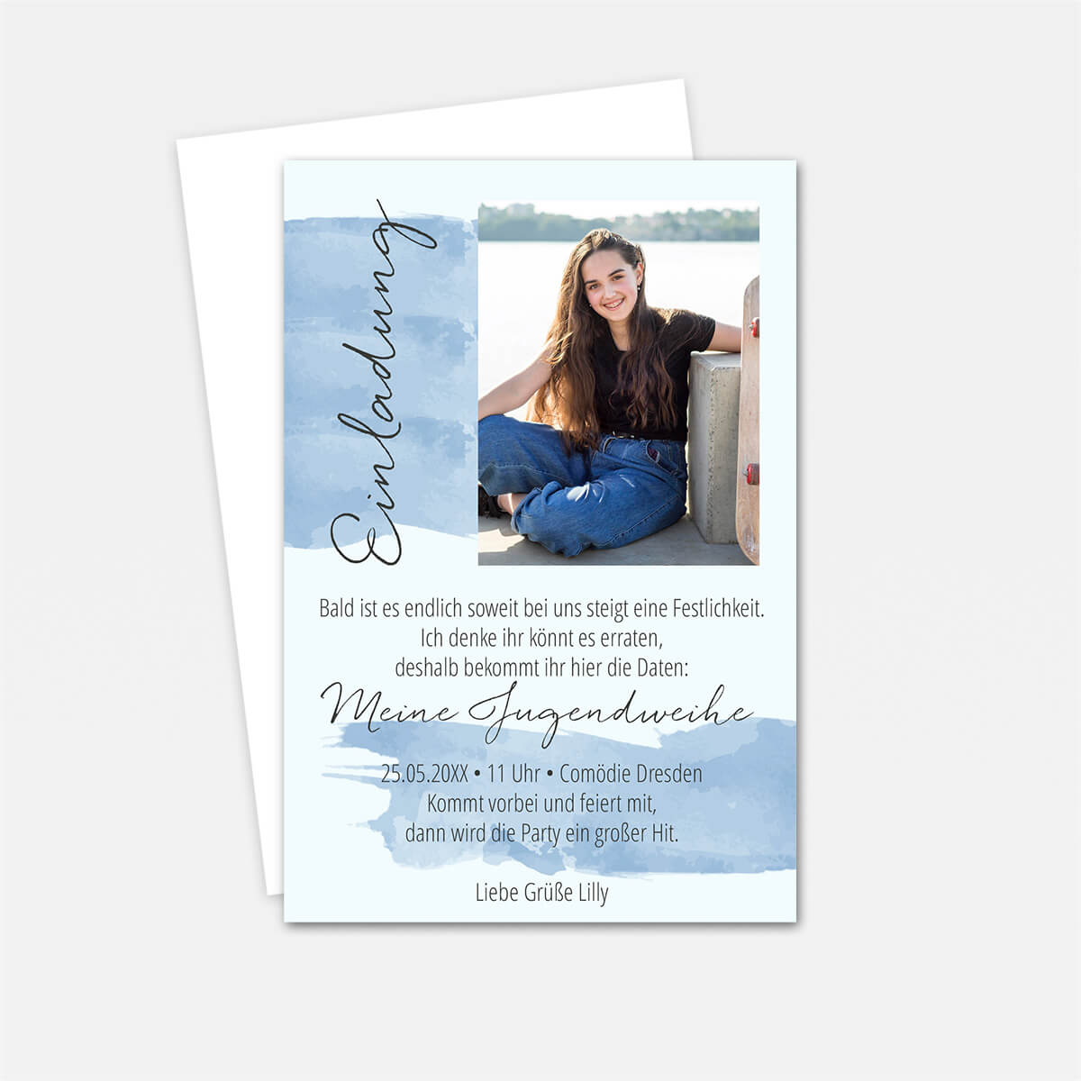 Einladungskarte zur Jugendweihe im Aquarell-Design mit eigenem Foto und Text #Fotokarte #Pastellblau