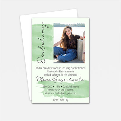 Einladungskarte zur Jugendweihe im Aquarell-Design mit eigenem Foto und Text #Fotokarte #Pastellgrün