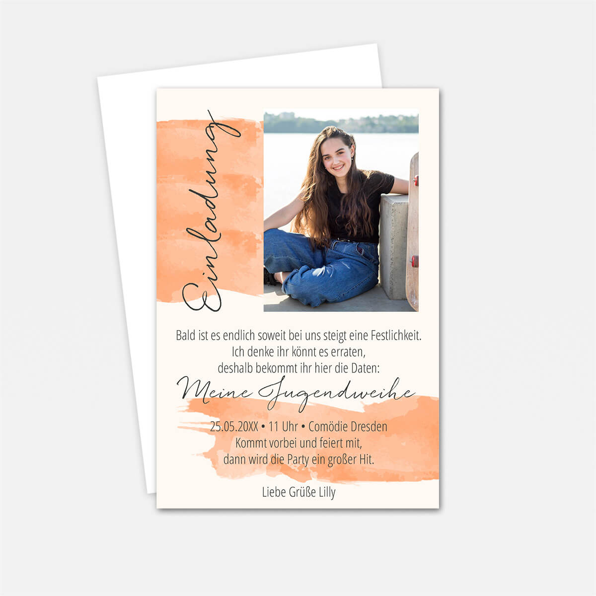 Einladungskarte zur Jugendweihe im Aquarell-Design mit eigenem Foto und Text #Fotokarte #Pastellorange