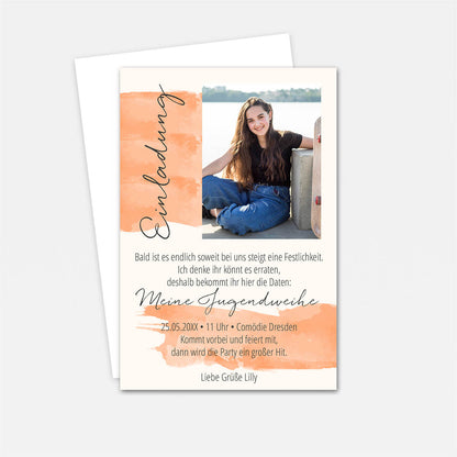 Einladungskarte zur Jugendweihe im Aquarell-Design mit eigenem Foto und Text #Fotokarte #Pastellorange