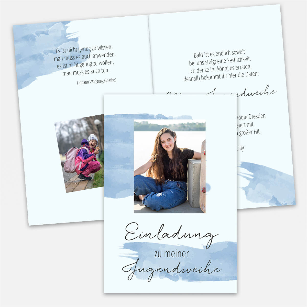 Einladungskarte zur Jugendweihe im Aquarell-Design mit eigenem Foto und Text #Klappkarte #Pastellblau