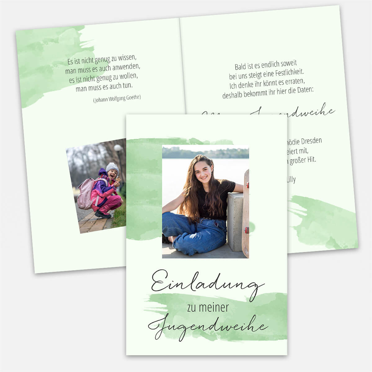 Einladungskarte zur Jugendweihe im Aquarell-Design mit eigenem Foto und Text #Klappkarte #Pastellgrün