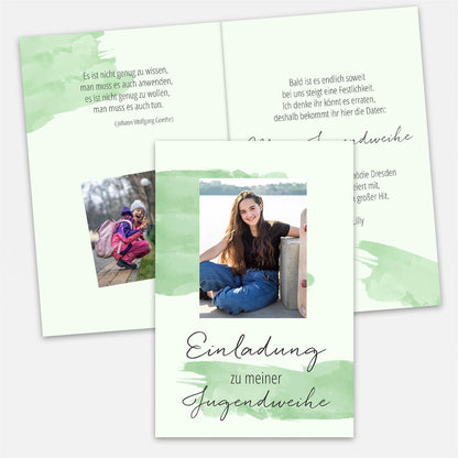 Einladungskarte zur Jugendweihe im Aquarell-Design mit eigenem Foto und Text #Klappkarte #Pastellgrün