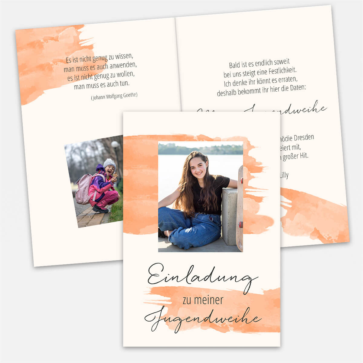 Einladungskarte zur Jugendweihe im Aquarell-Design mit eigenem Foto und Text #Klappkarte #Pastellorange