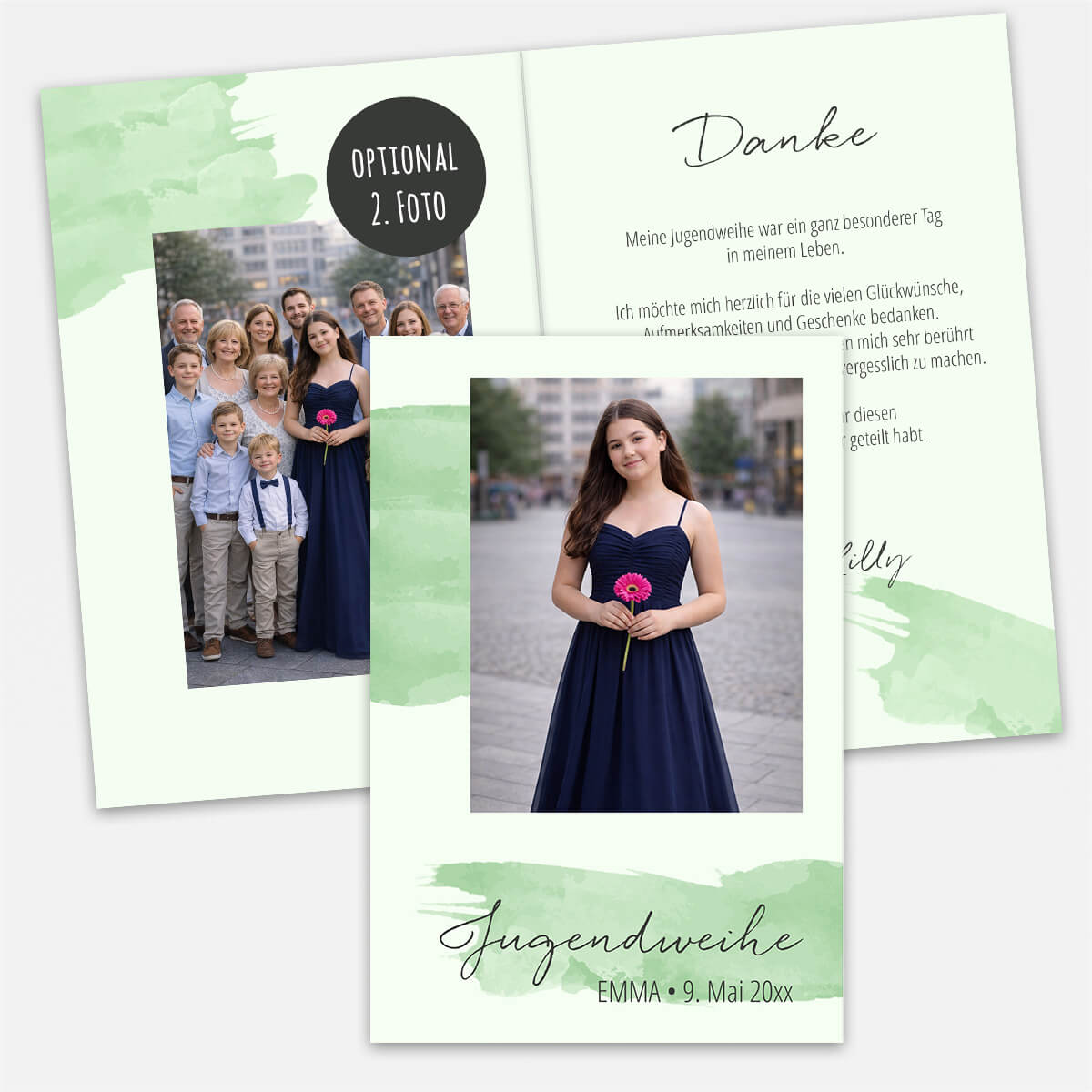 Dankeskarte Jugendweihe Aquarell mit Foto und eigenem Text #Pastellgrün #Klappkarte