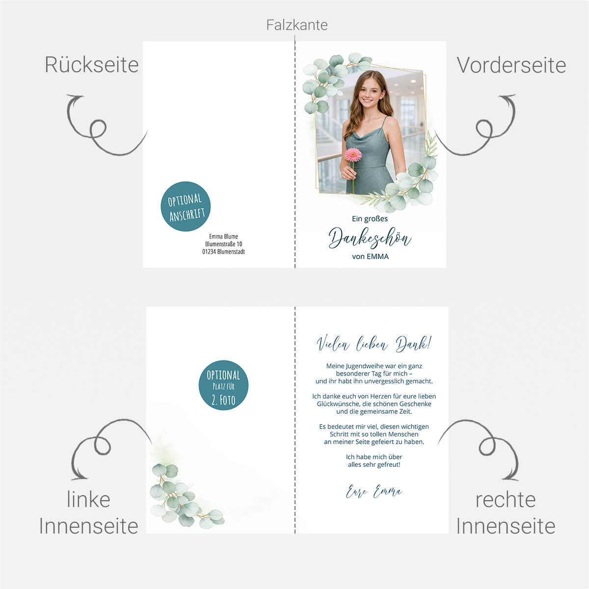 Personalisierte Dankeskarte zur Jugendweihe mit Eucalyptus-Rahmen #Klappkarte
