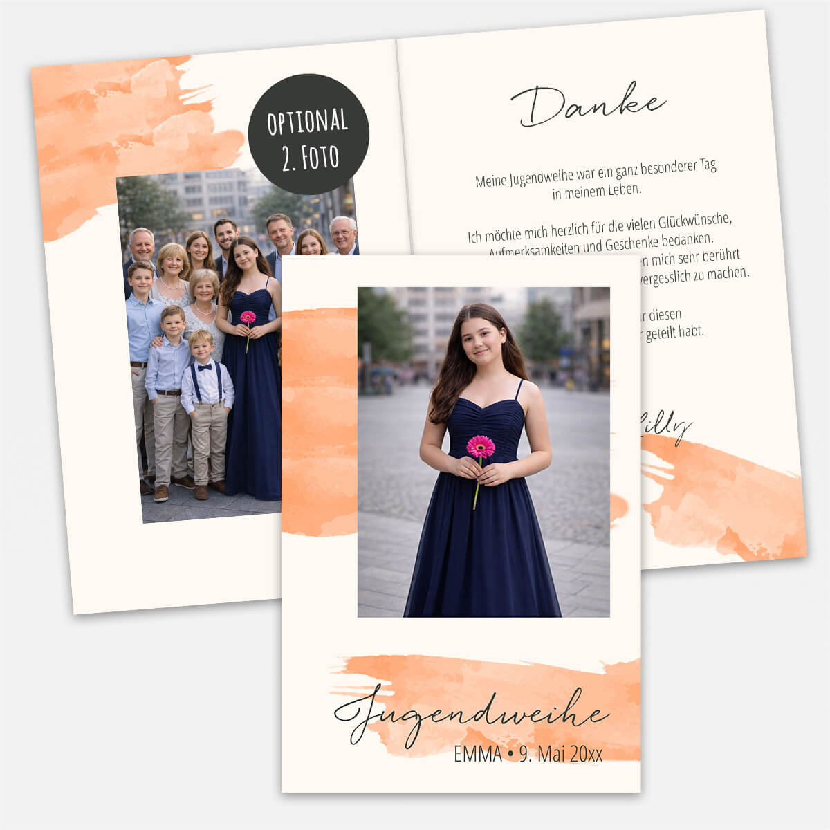 Dankeskarte Jugendweihe Aquarell mit Foto und eigenem Text #Pastellorange #Klappkarte