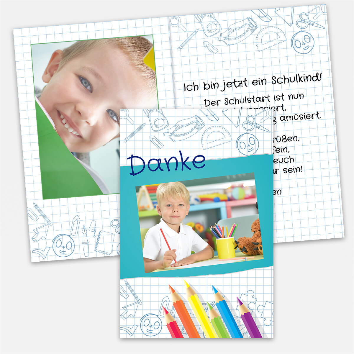 Personalisierte Dankeskarte zum Schulanfang mit Foto, Datum und individuellem Text. Fröhliches Schulheft-Design mit bunten Stiften. #Klappkarte