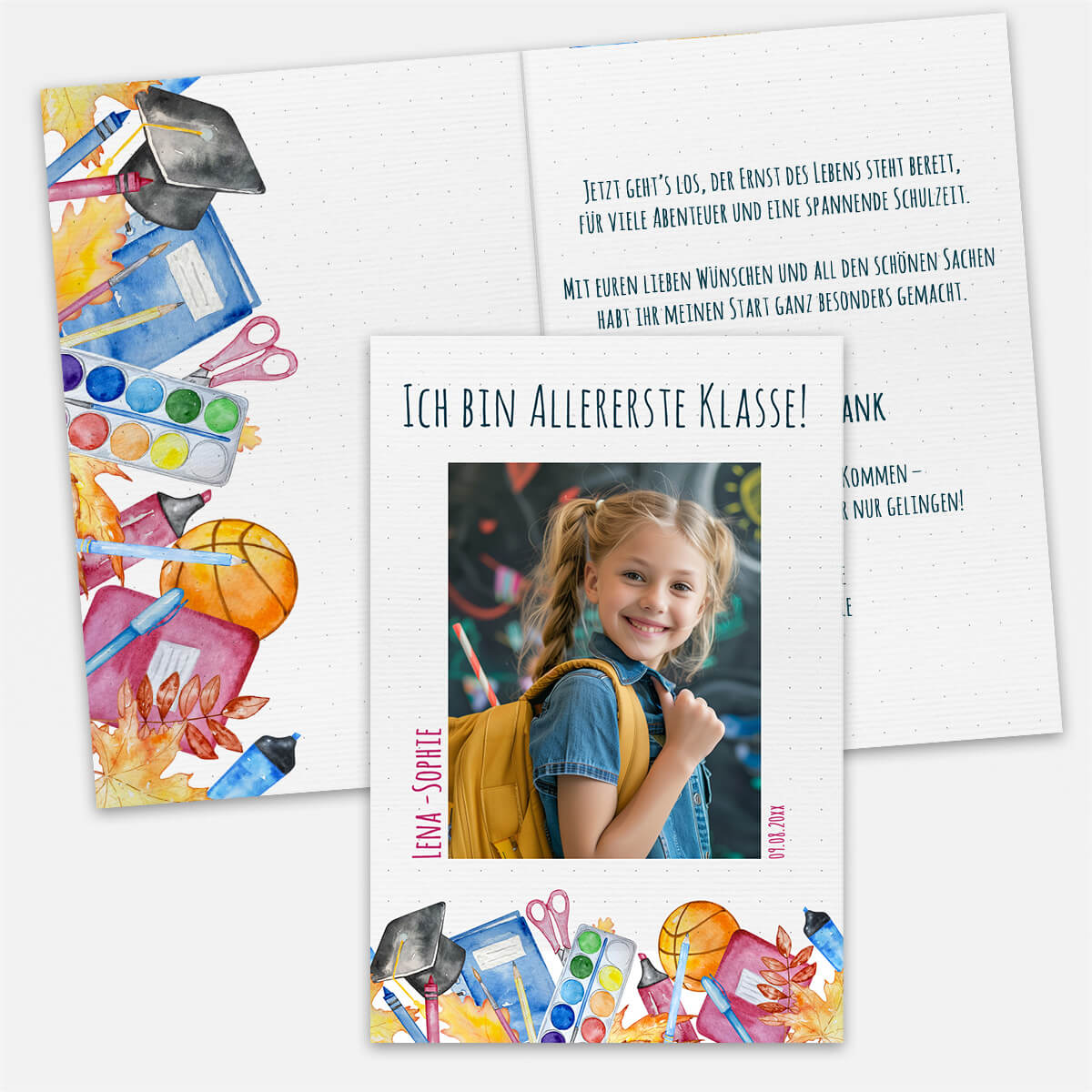 Dankeskarte Einschulung Bunter Schulstart mit Foto, Text und Schulzeugs #Klappkarte