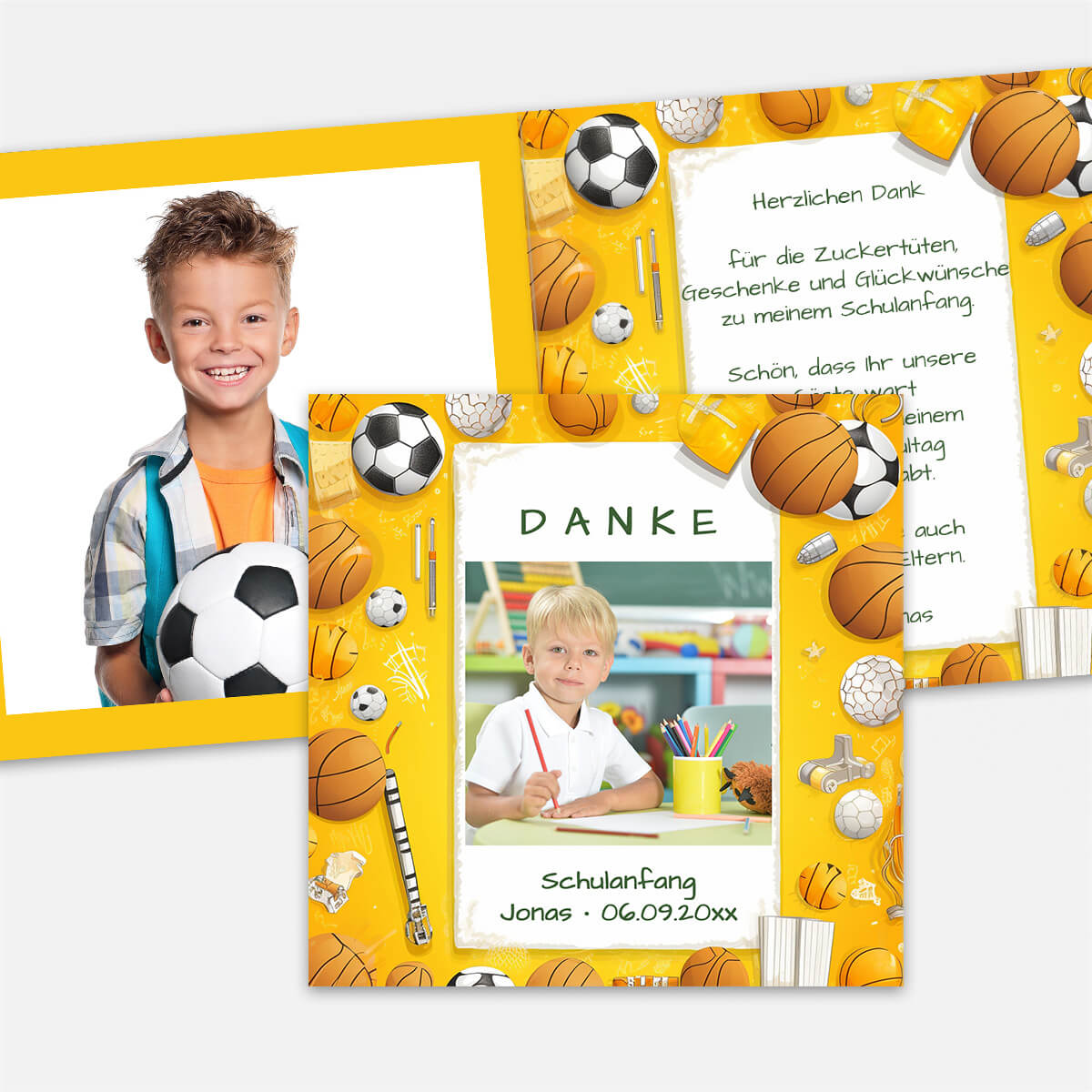 Personalisierte Dankeskarte zum Schulanfang im sportlichen Design – mit eigenem Foto, Name, Datum und individuellem Dankestext. #Klappkarte