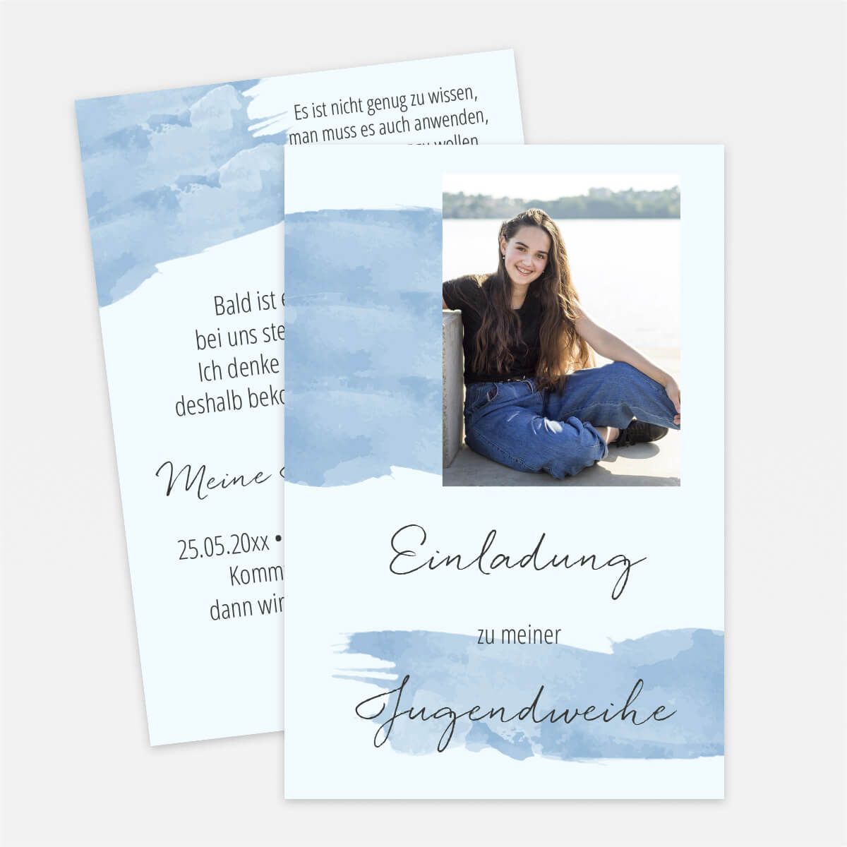 Einladungskarte zur Jugendweihe Aquarell Strich in Pastellblau mit eigenem Foto