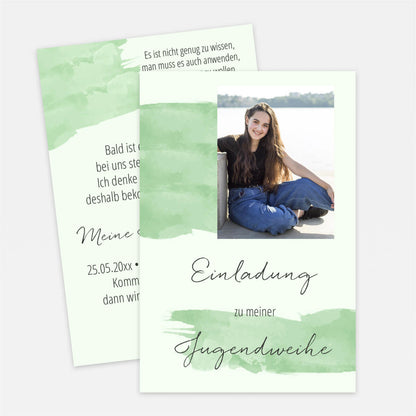 Einladungskarte zur Jugendweihe im Aquarell-Design mit eigenem Foto und Text #Postkarte #Pastellgrün