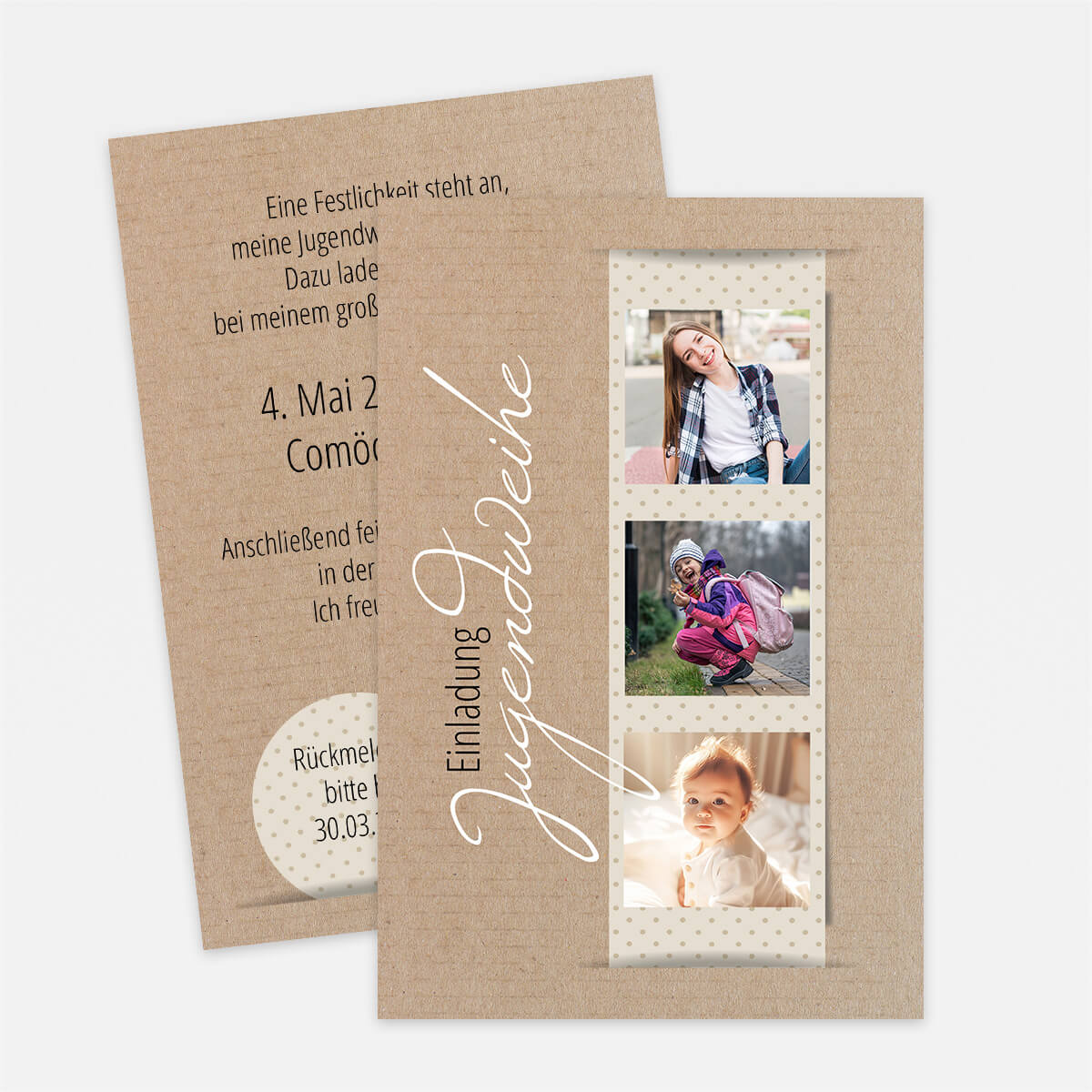 Einladungskarte zur Jugendweihe mit drei Fotos im Fotostreifen-Design #Postkarte