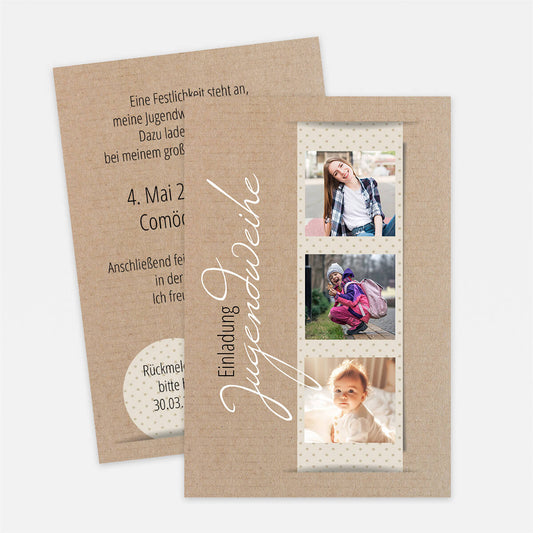 Einladungskarte zur Jugendweihe mit drei Fotos im Fotostreifen-Design #Postkarte