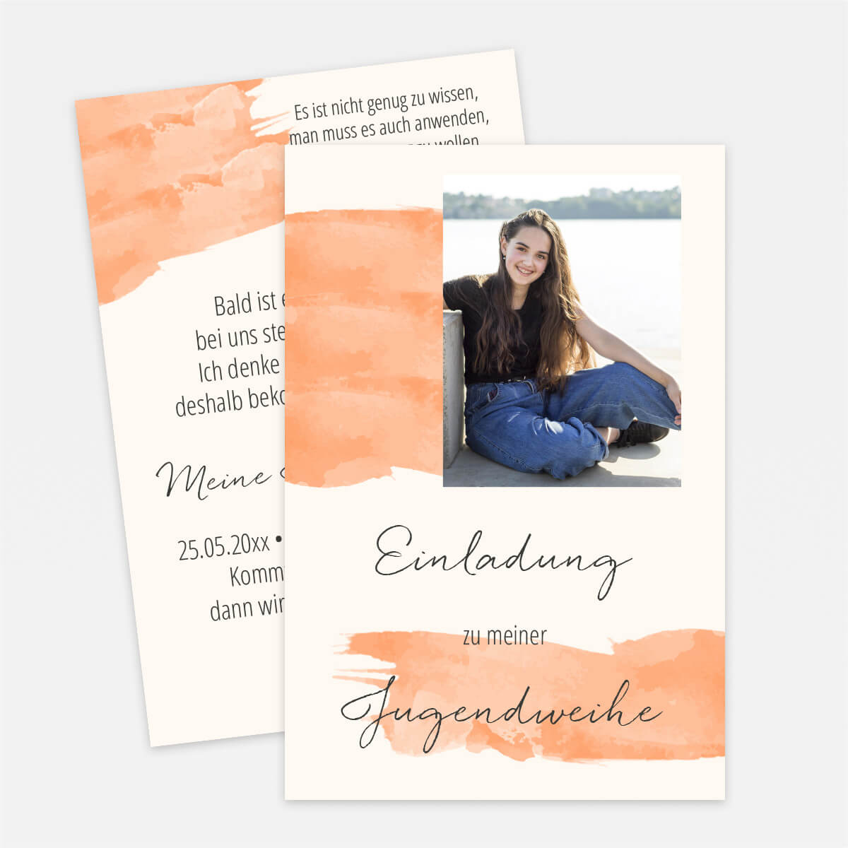 Einladungskarte zur Jugendweihe im Aquarell-Design mit eigenem Foto und Text #Postkarte #Pastellorange