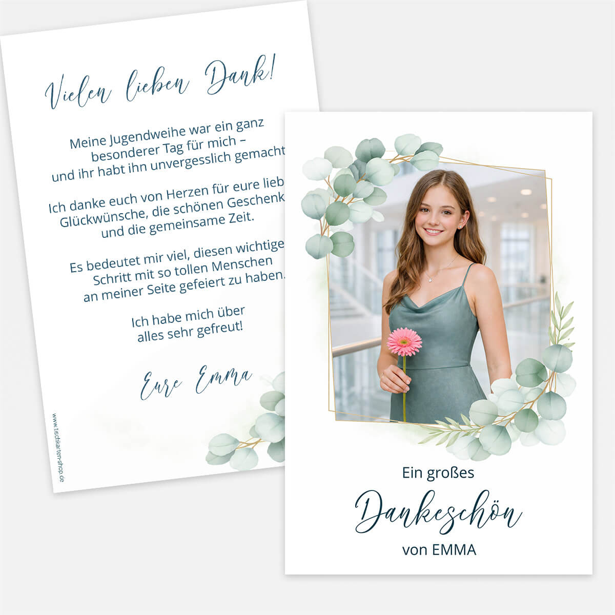 Personalisierte Dankeskarte zur Jugendweihe mit Eucalyptus-Rahmen