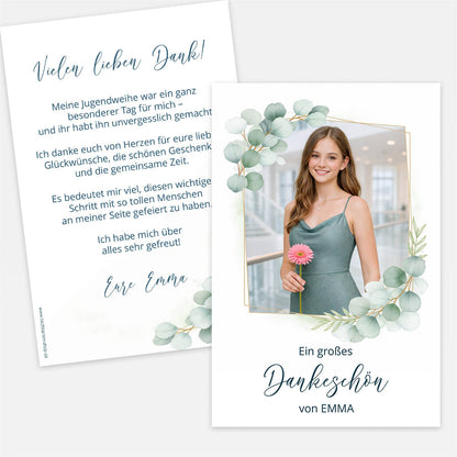 Personalisierte Dankeskarte zur Jugendweihe mit Eucalyptus-Rahmen #Postkarte