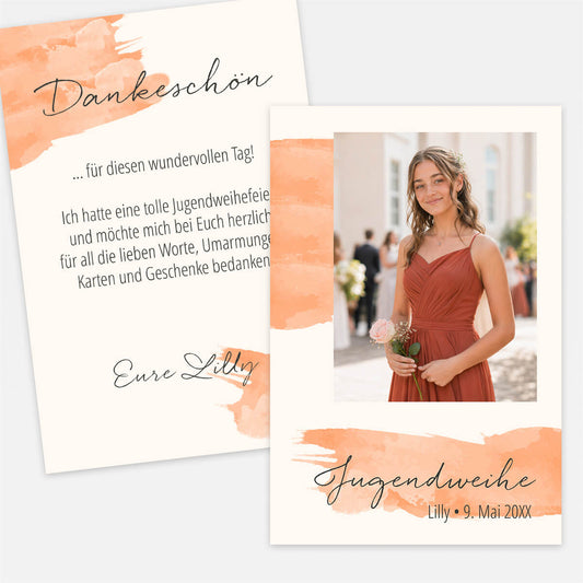 Dankeskarte Jugendweihe Aquarell #Pastellorange #Postkarte