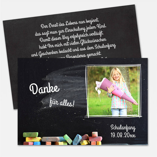 Dankeskarte Einschulung mit bunter Kreide eigenem Foto und Text #Postkarte