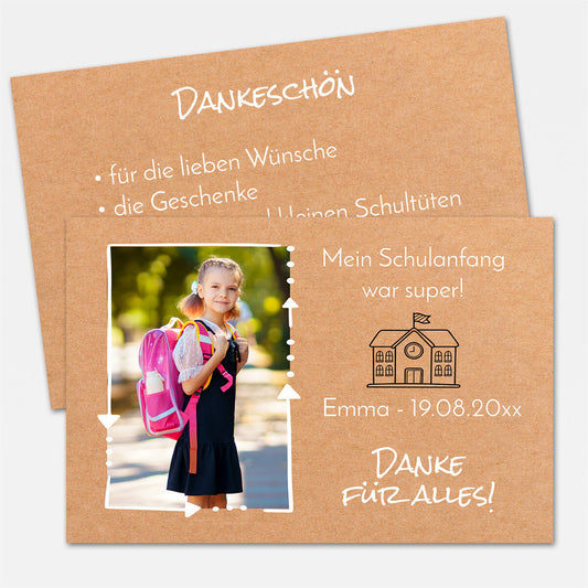 Personalisierte Dankeskarte zum Schulanfang im Kraftpapier-Design – mit eigenem Foto, Name, Datum und liebevollem Dankestext #Postkarte