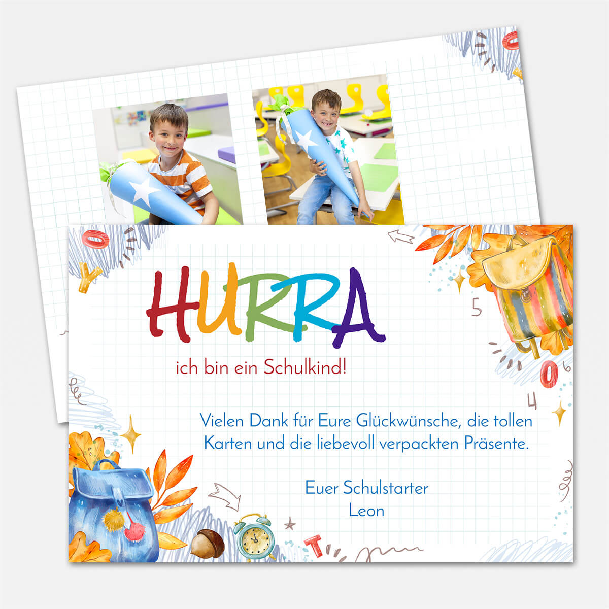 Dankeskarte Einschulung mit eigenem Text und Foto mit Aquarell Schulmotiv #Postkarte
