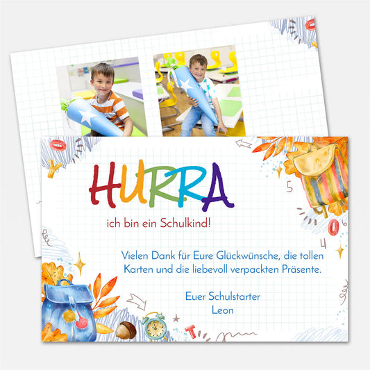 Dankeskarte Einschulung mit eigenem Text und Foto mit Aquarell Schulmotiv #Postkarte