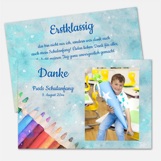 Dankeskarte Einschulug mit bunten Stiften Aquarell #Postkarte