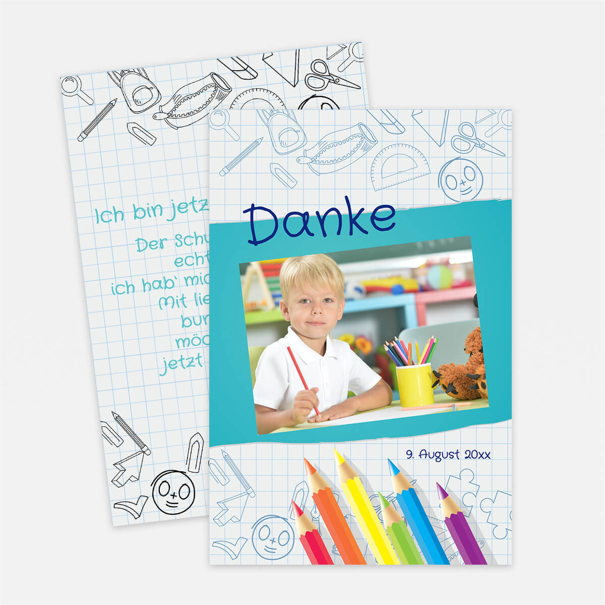 Personalisierte Dankeskarte zum Schulanfang mit Foto, Datum und individuellem Text. Fröhliches Schulheft-Design mit bunten Stiften. #Postkarte