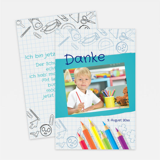 Personalisierte Dankeskarte zum Schulanfang mit Foto, Datum und individuellem Text. Fröhliches Schulheft-Design mit bunten Stiften. #Postkarte