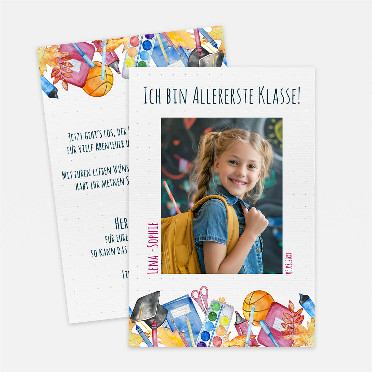 Dankeskarte Einschulung Bunter Schulstart mit Foto, Text und Schulzeugs #Postkarte