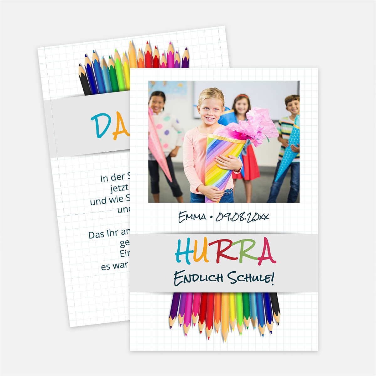 Farbenfrohe Karte „Startklar“ zum Schulanfang mit eigenen Fotos, Name, Datum und Wunschtext. Persönlich gestaltet und perfekt zur Einschulung. #Postkarte