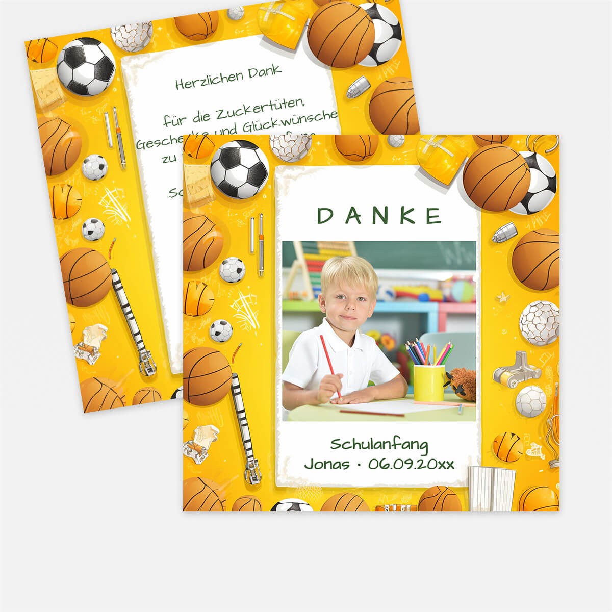 Personalisierte Dankeskarte zum Schulanfang im sportlichen Design – mit eigenem Foto, Name, Datum und individuellem Dankestext. #Postkarte