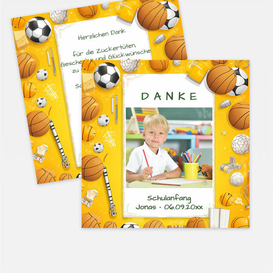 Personalisierte Dankeskarte zum Schulanfang im sportlichen Design – mit eigenem Foto, Name, Datum und individuellem Dankestext. #Postkarte