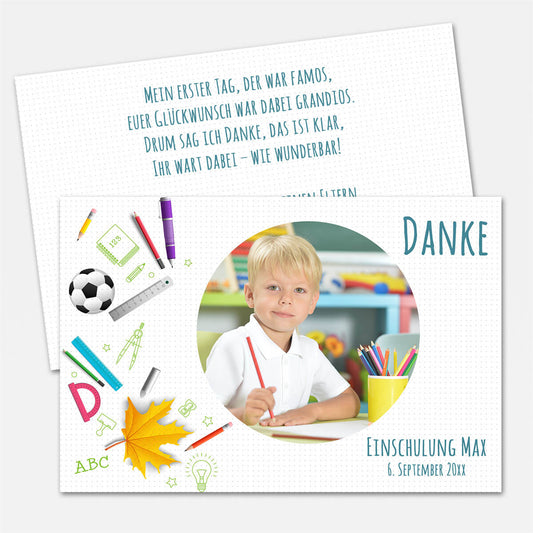 Personalisierte Dankeskarte „Stifte, Spaß & Schulanfang“ mit Foto, Name und Datum. Fröhliches Design für ein liebevolles Dankeschön zur Einschulung. #Postkarte