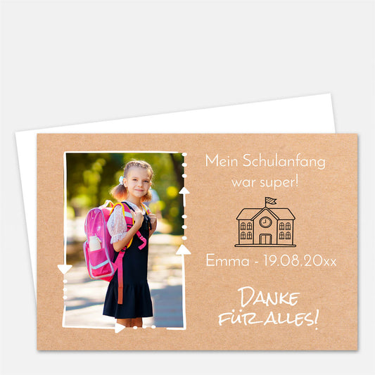 Personalisierte Dankeskarte zum Schulanfang im Kraftpapier-Design – mit eigenem Foto, Name, Datum und liebevollem Dankestext. #Fotokarte
