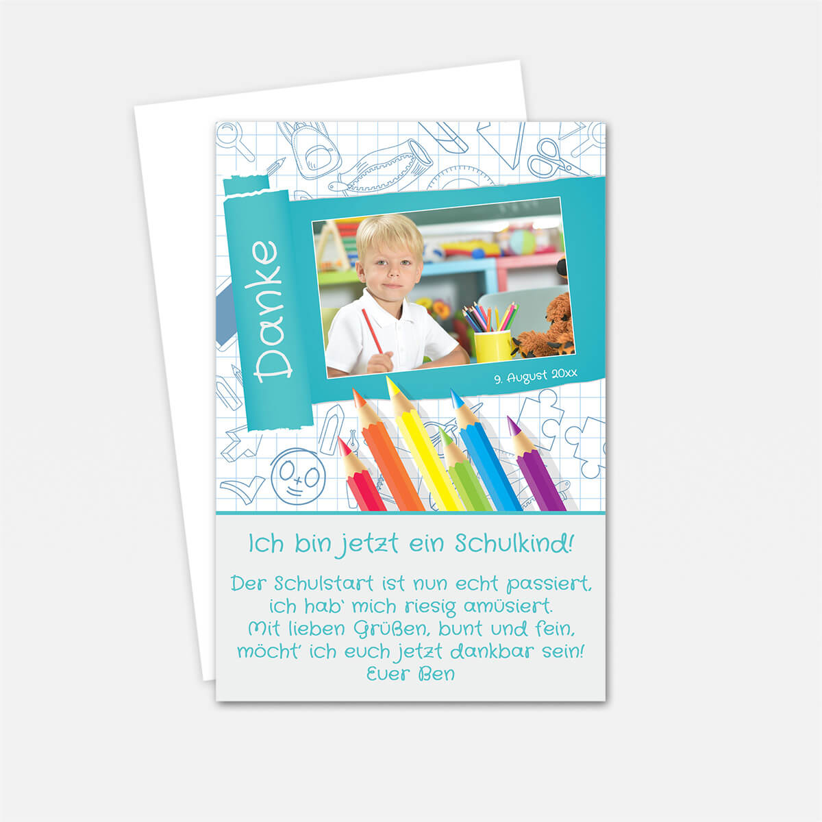 Personalisierte Dankeskarte zum Schulanfang mit Foto, Datum und individuellem Text. Fröhliches Schulheft-Design mit bunten Stiften. #Fotokarte