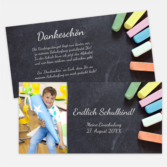 Schulanfang Dankeskarte mit Foto und eigenem Text Motiv Kreide #Anthrazit #Postkarte