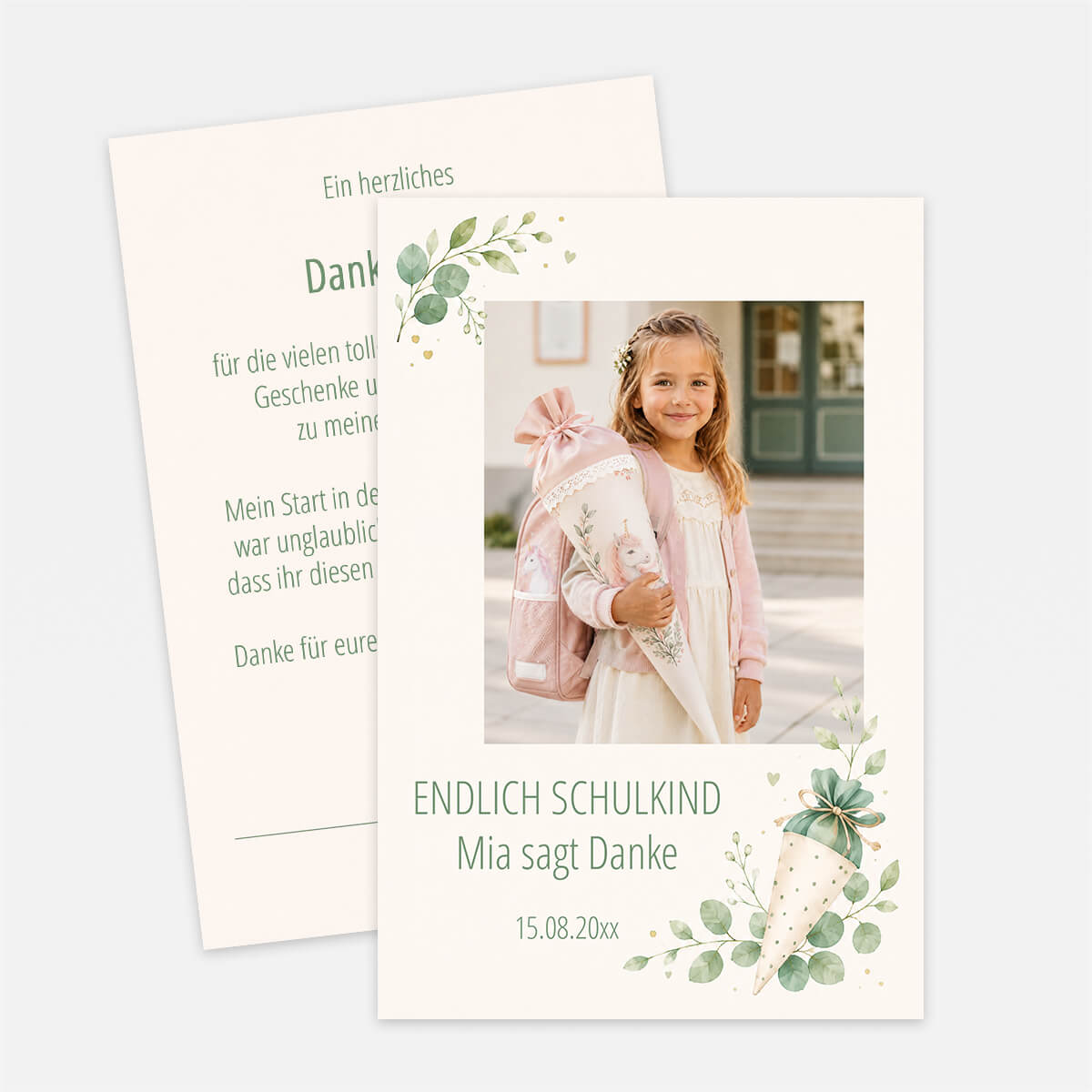 Personalisierte Dankeskarte zur Einschulung Greenery Schulkind mit Foto und Schultüte #Postkarte